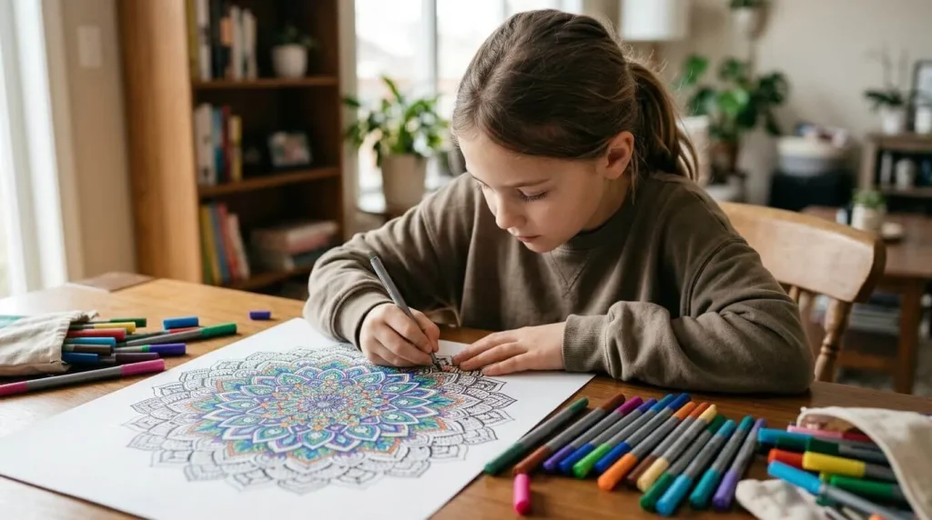 Older child coloring a detailed Star of David mandala