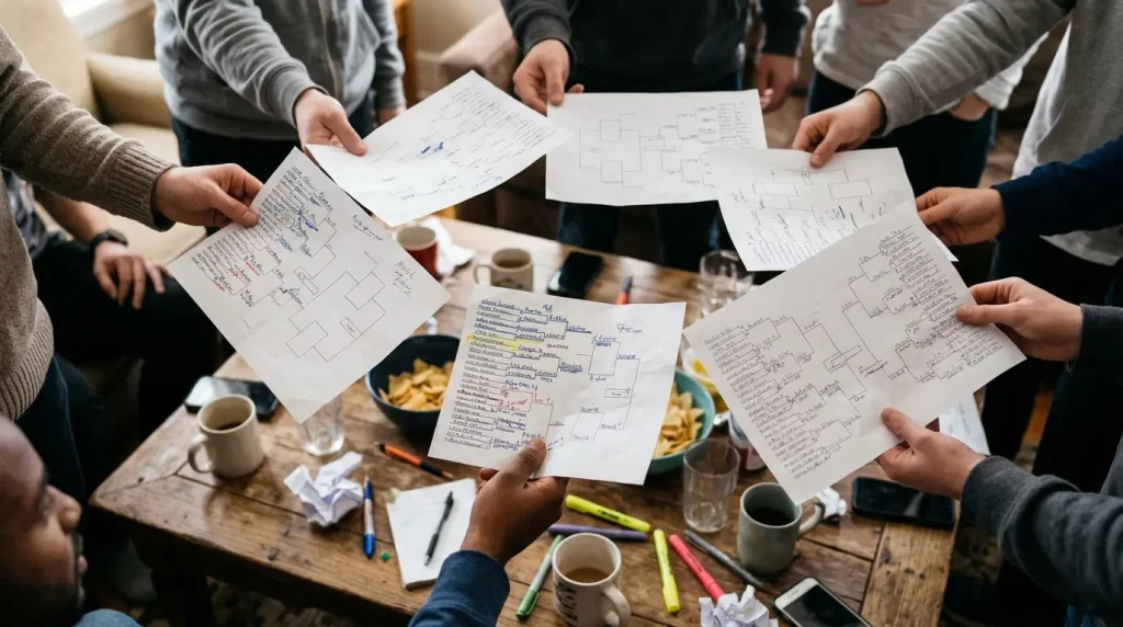 Family holding up their paper soccer brackets