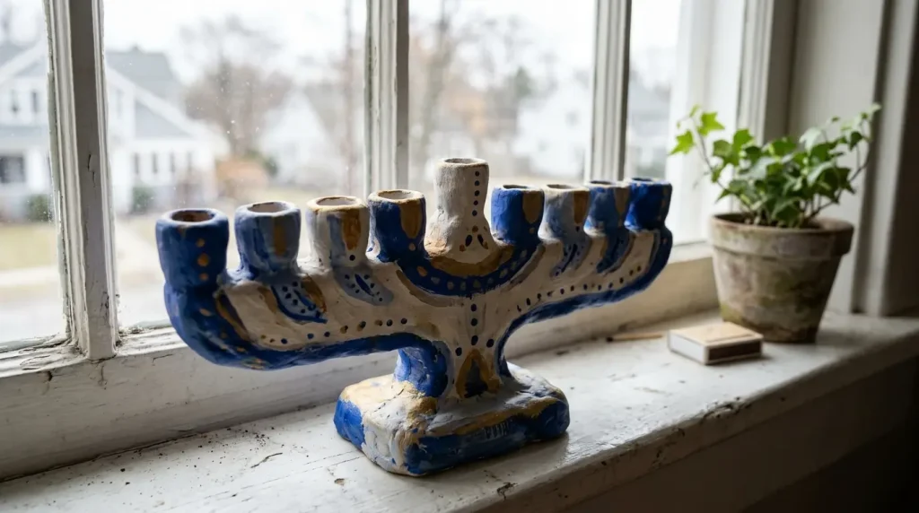 Painted clay menorah with nine cups on a windowsill