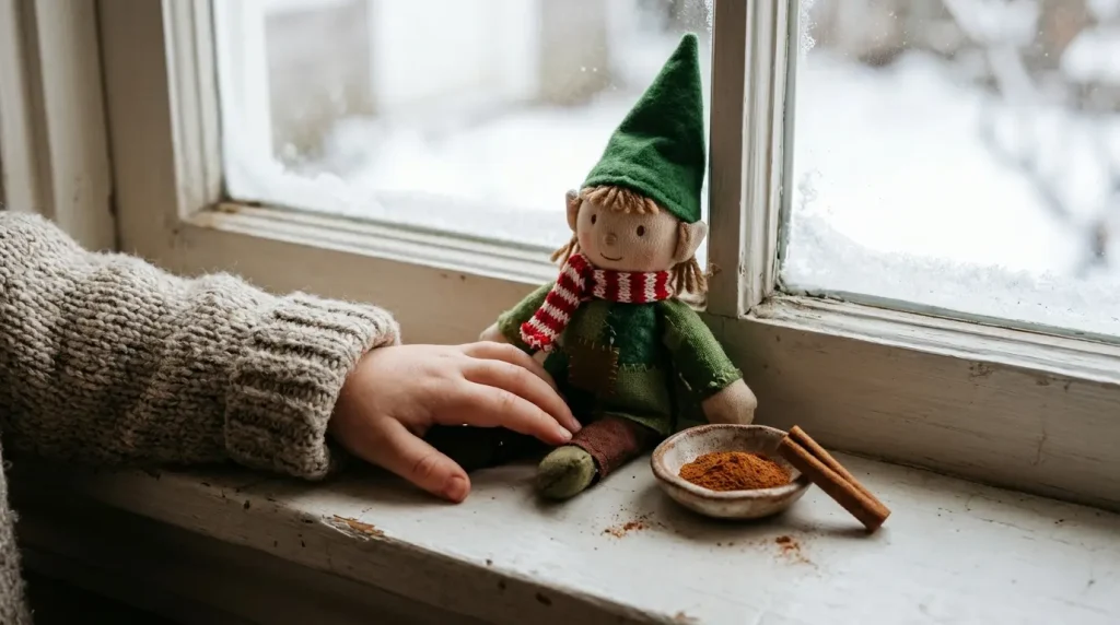 Child's hand near a toy elf and a small dish of cinnamon

