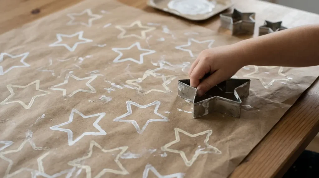 Brown paper stamped with star shapes by a toddler

