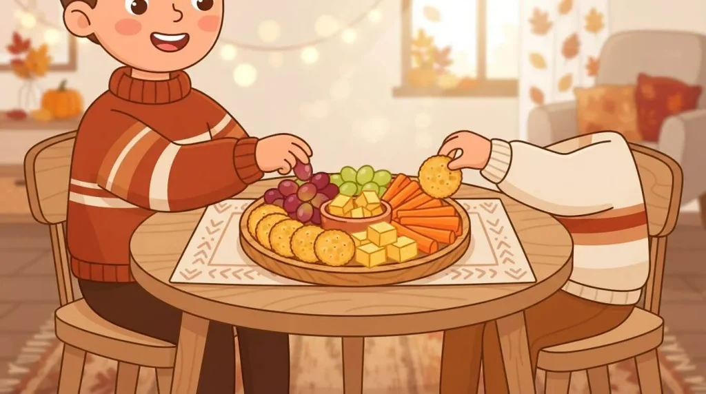 Snack board on the Thanksgiving kids table before dinner
