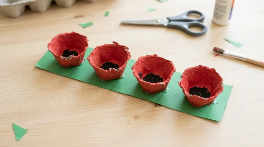 Egg carton poppies, one of the Remembrance Day crafts for kids ages 6 to 8