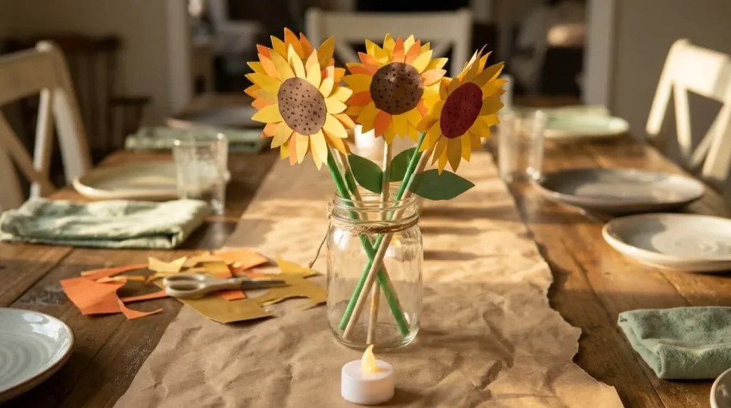 Paper sunflowers on straws in a mason jar
