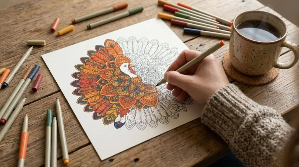 Detailed turkey mandala coloring page for older kids and adults