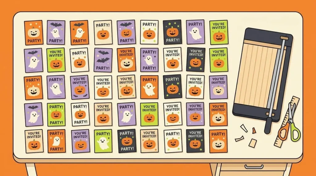 Free printable Halloween party invitations in a class set of thirty on a desk