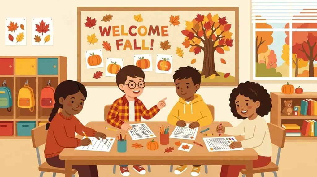 Classroom of children working through a Canadian Thanksgiving word search