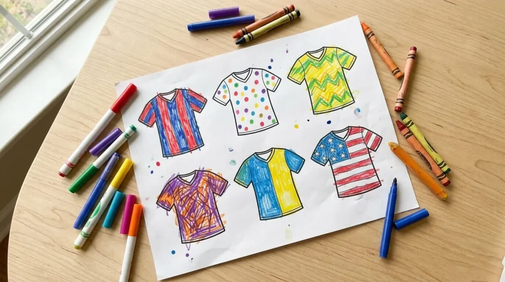 Six mini soccer jerseys colored in different patterns