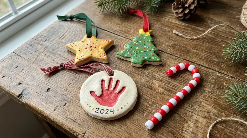 Salt dough ornaments and a beaded candy cane, easy Christmas crafts for kids
