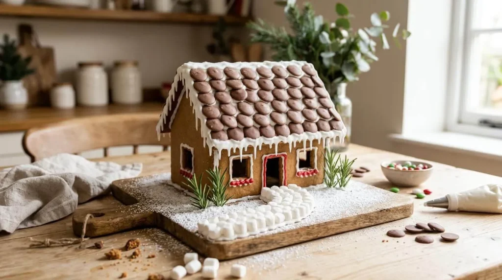 Decorated gingerbread house with chocolate roof tiles and icing icicles