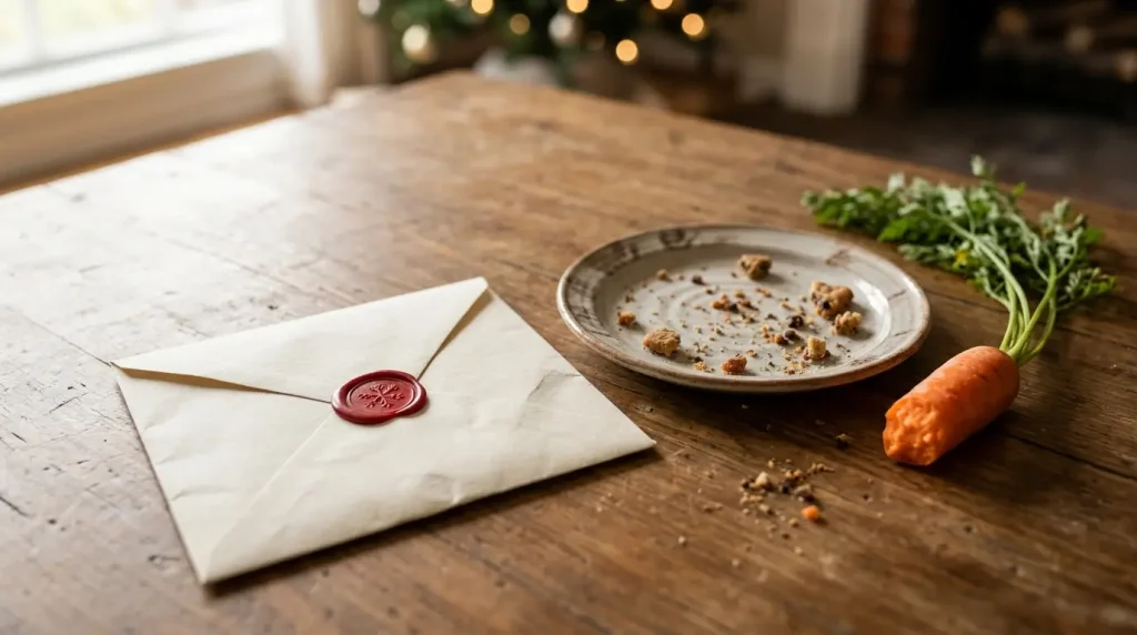 Folded reply from Santa with a wax seal next to an empty cookie plate