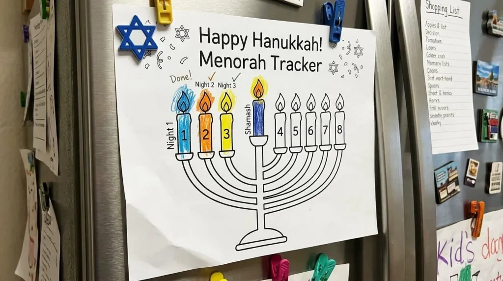 Menorah tracker on a fridge with three candles colored in