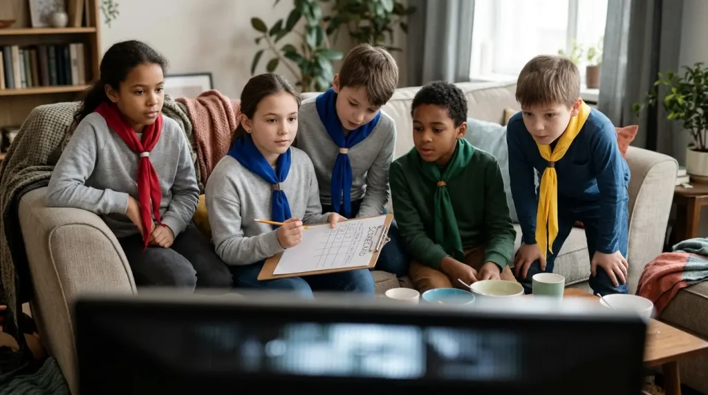 Kids in scarves watching a soccer final with a scorecard