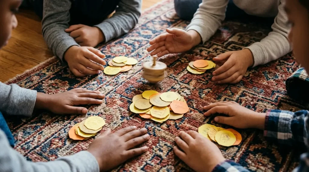 Kids playing the dreidel game with paper coins