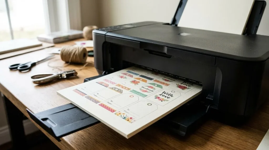 Card stock gift tags coming out of a home printer