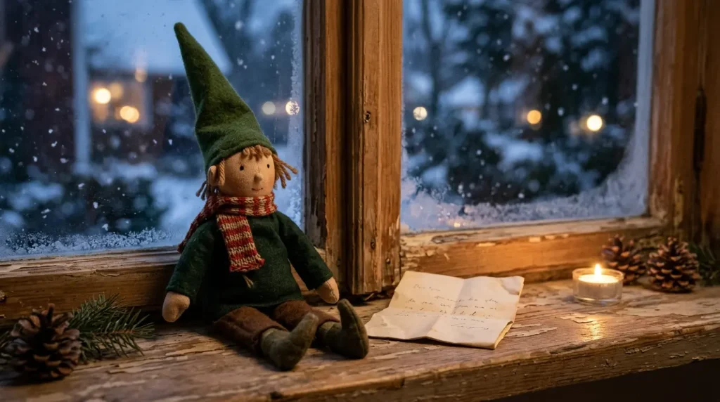 Toy elf beside a goodbye letter on a windowsill

