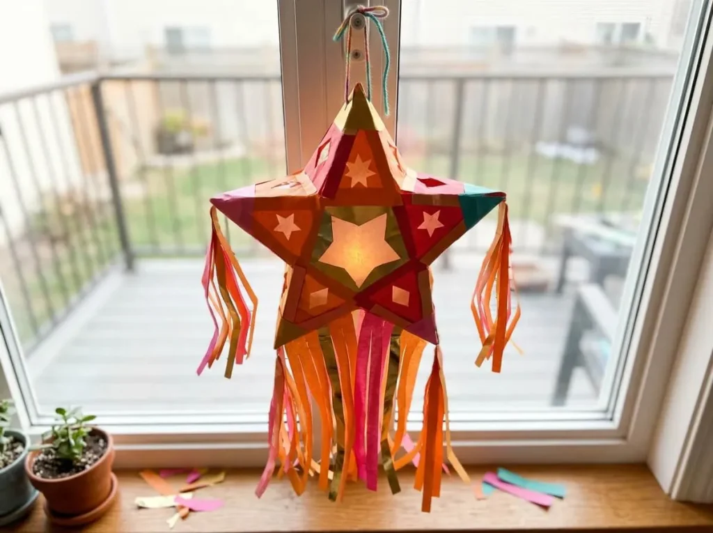 Star-shaped paper kandil lantern hanging in a window