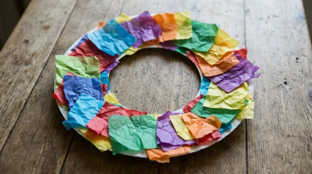 Paper plate wreath covered in big tissue paper squares