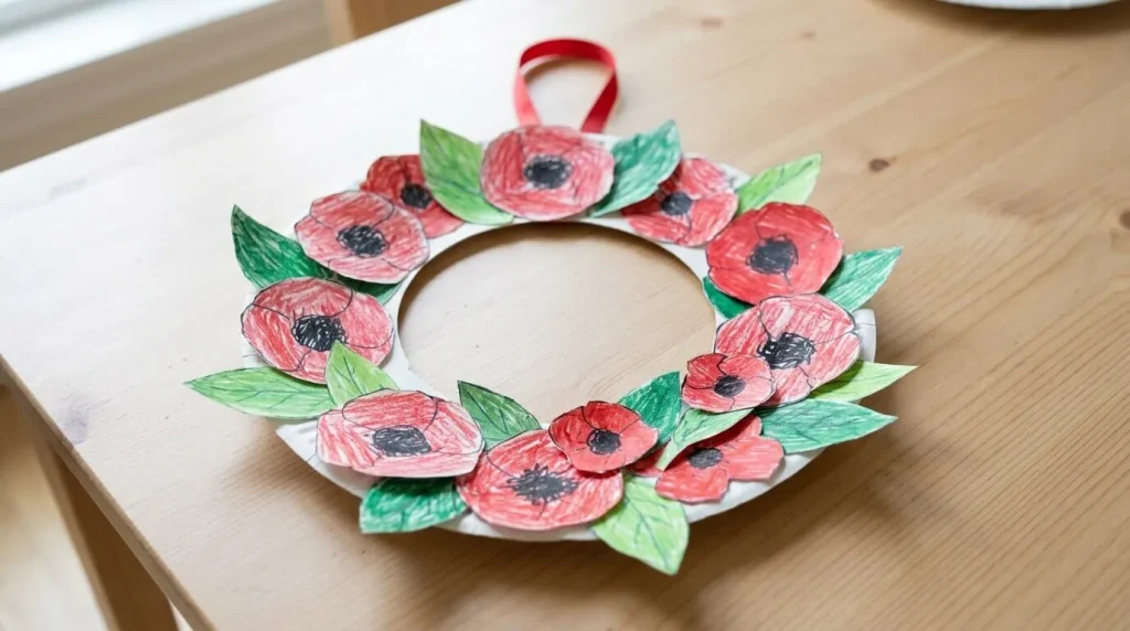 Paper plate poppy wreath with red poppies and green leaves