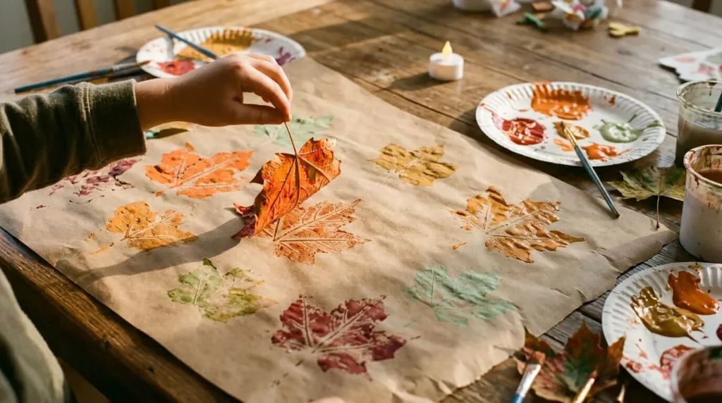 Leaf print kraft paper runner, an easy DIY Thanksgiving table decoration for kids