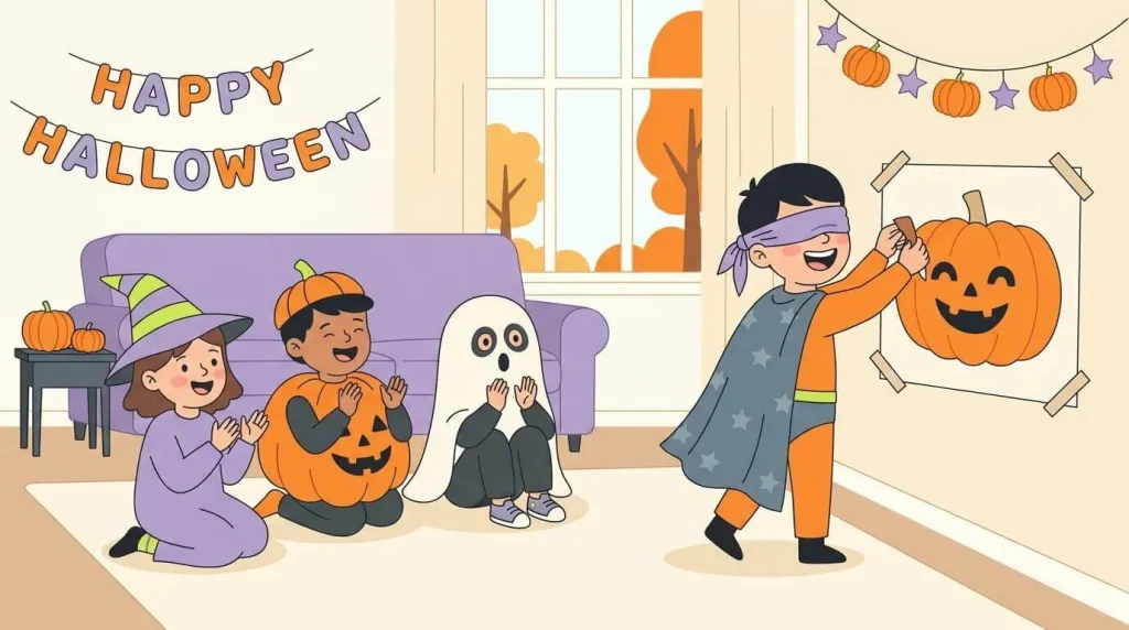 Children in costumes playing a party game after the free printable Halloween party invitations went out