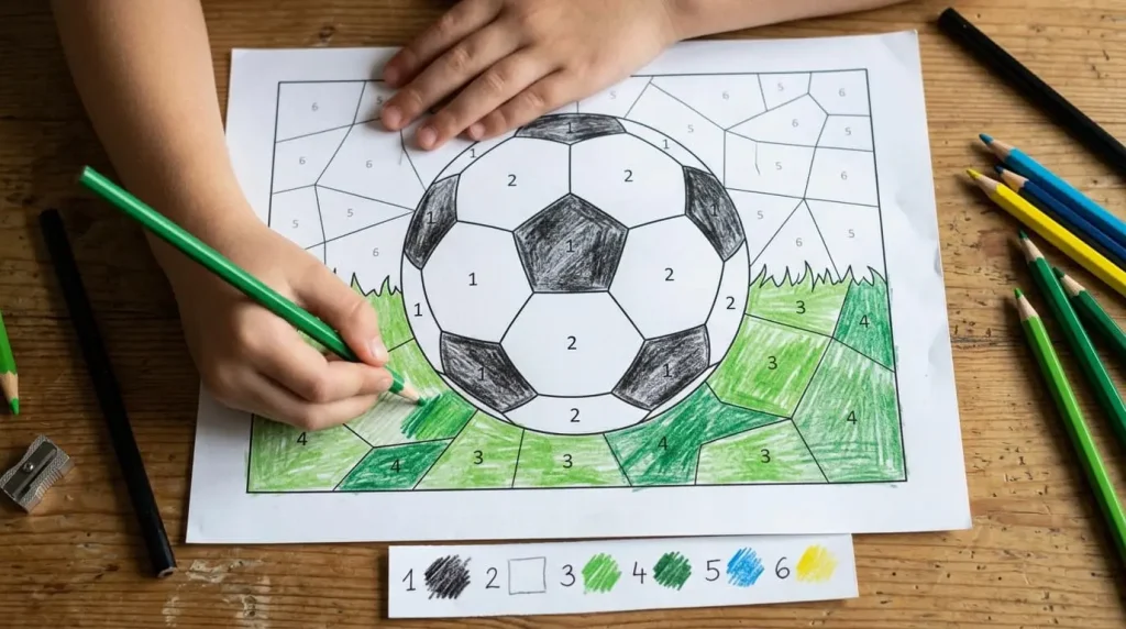 Colour by number soccer ball page with a colour key