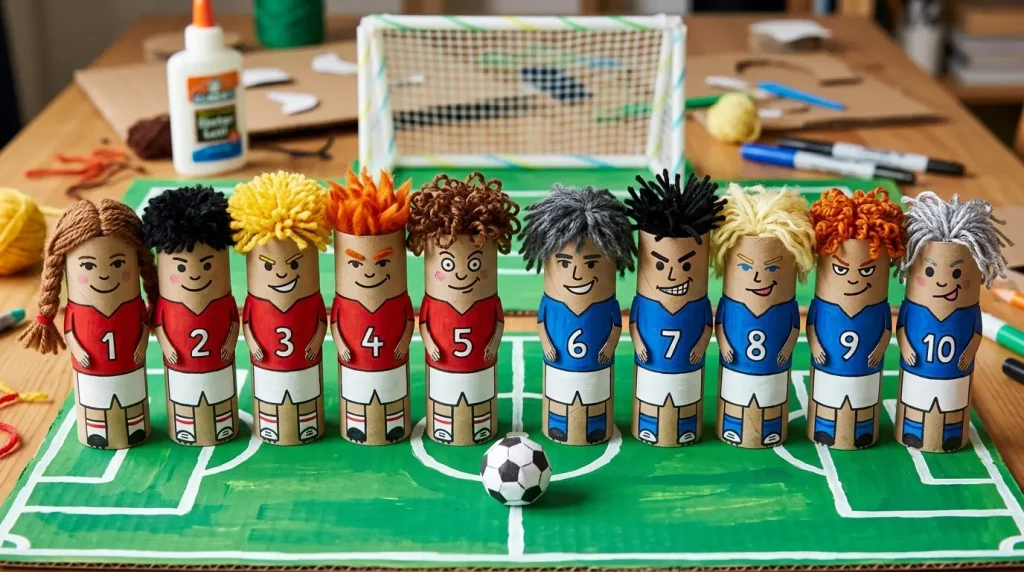 Toilet roll soccer players in two team colors