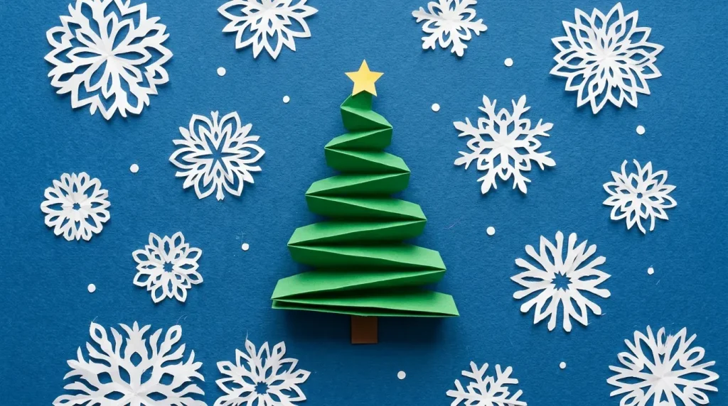Paper snowflakes and an accordion paper tree