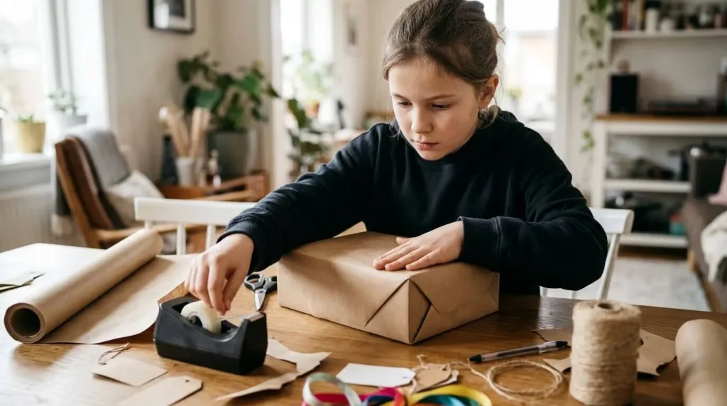 Older child wrapping a present in brown paper