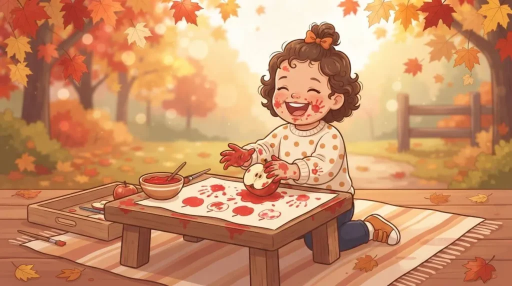 Toddler apple stamping Canadian Thanksgiving craft
