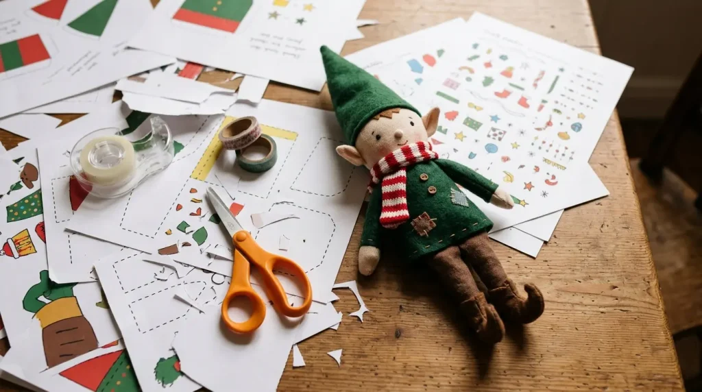 Pages of the free elf printables PDF with scissors

