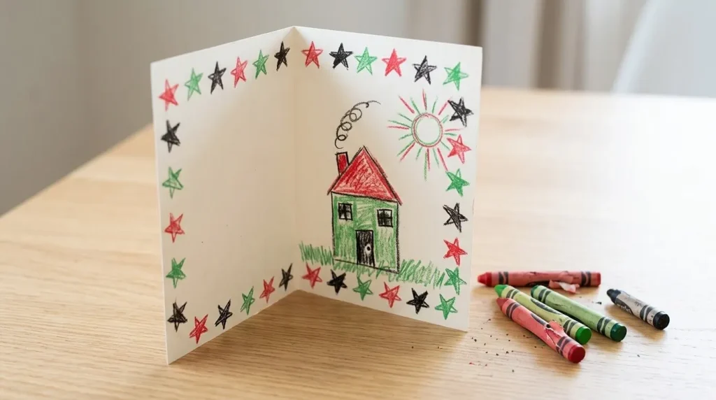 Kid-made Veterans Day thank-you card with a star border