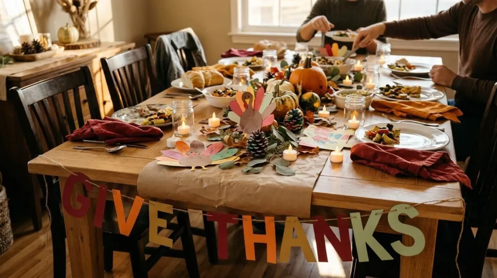 Kid-colored "Give Thanks" paper banner on twine