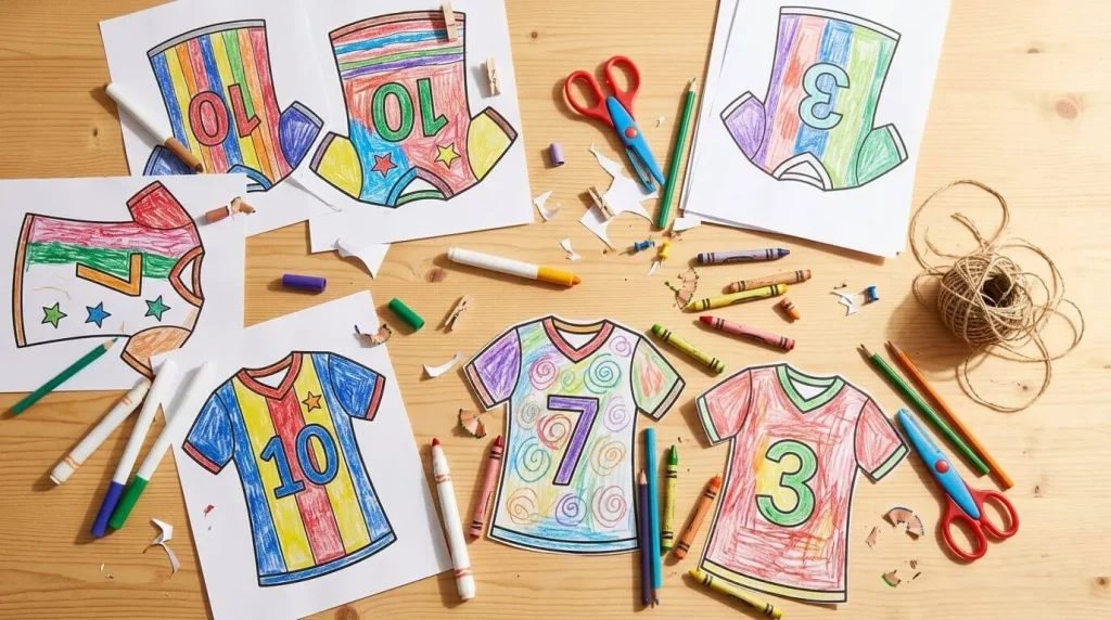  Kids' soccer jersey template designs pinned on a classroom wall