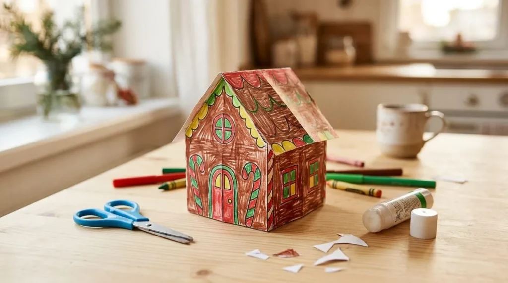 Paper gingerbread house colored and folded by a child