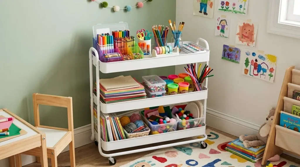 Rolling cart filled with kids' craft supplies