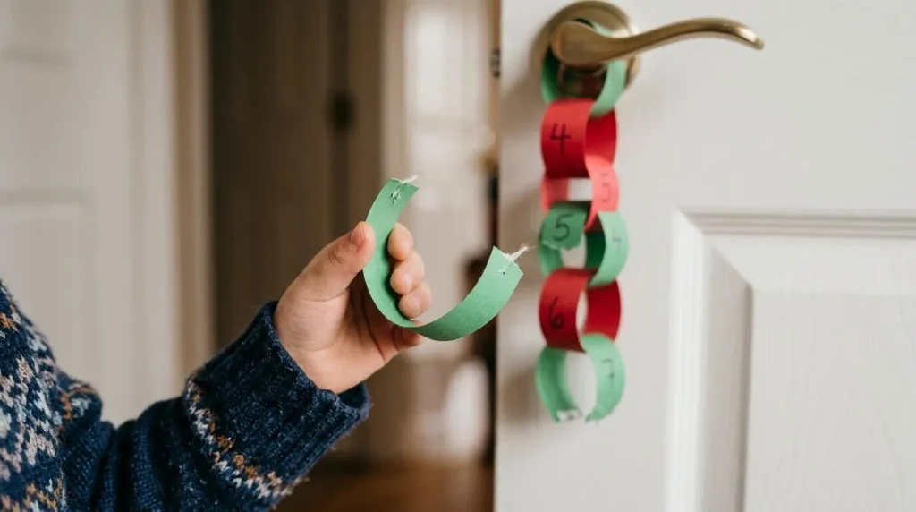 Red and green paper countdown chain with one loop opened