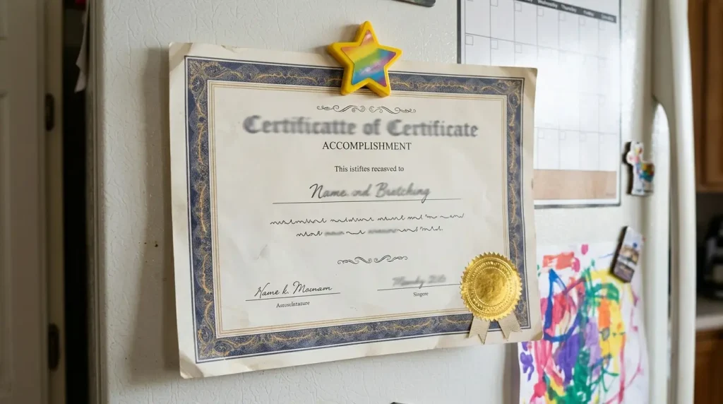 Nice list certificate with a gold seal on a fridge

