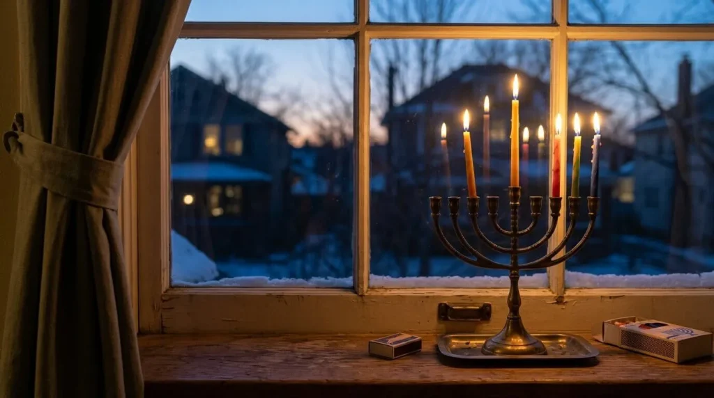 Menorah with three candles and the shamash lit on a windowsill