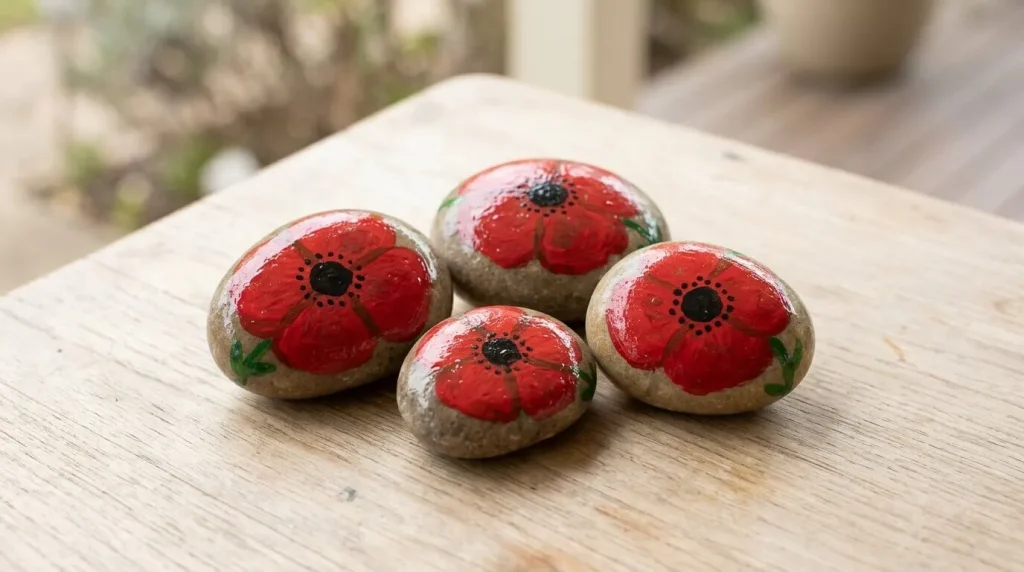 Painted poppy stones on a garden step