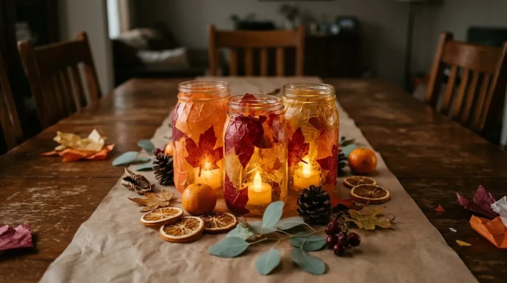 Tissue paper leaf jar lanterns lit with LED tea lights