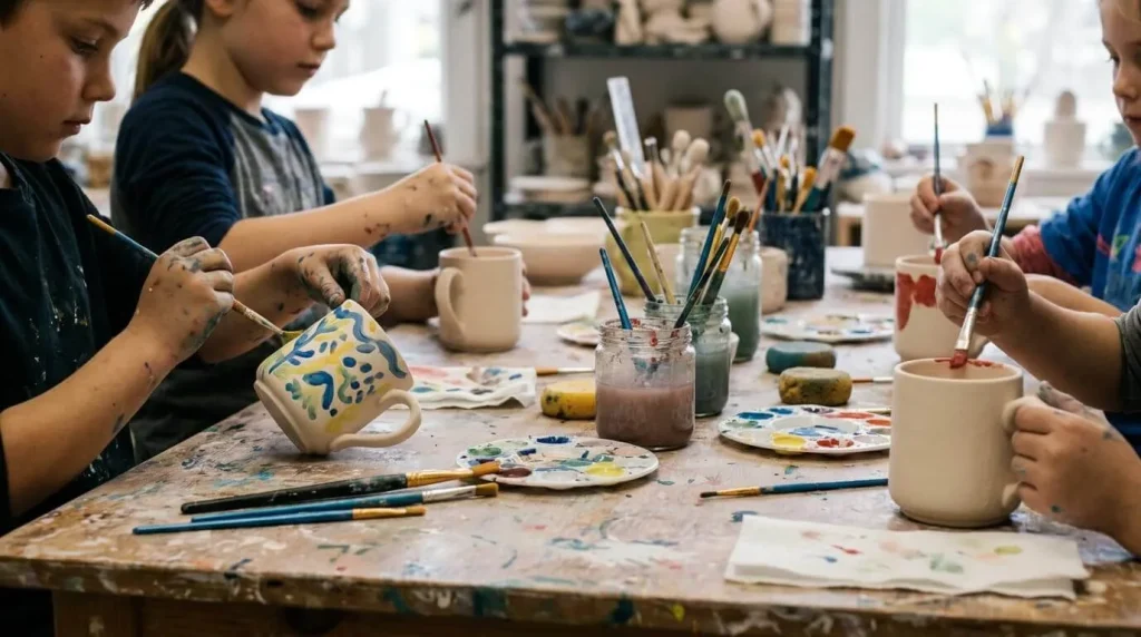 Kids painting a mug at a pottery studio