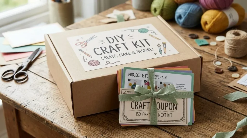 Homemade craft kit gift box with labels and a craft coupon