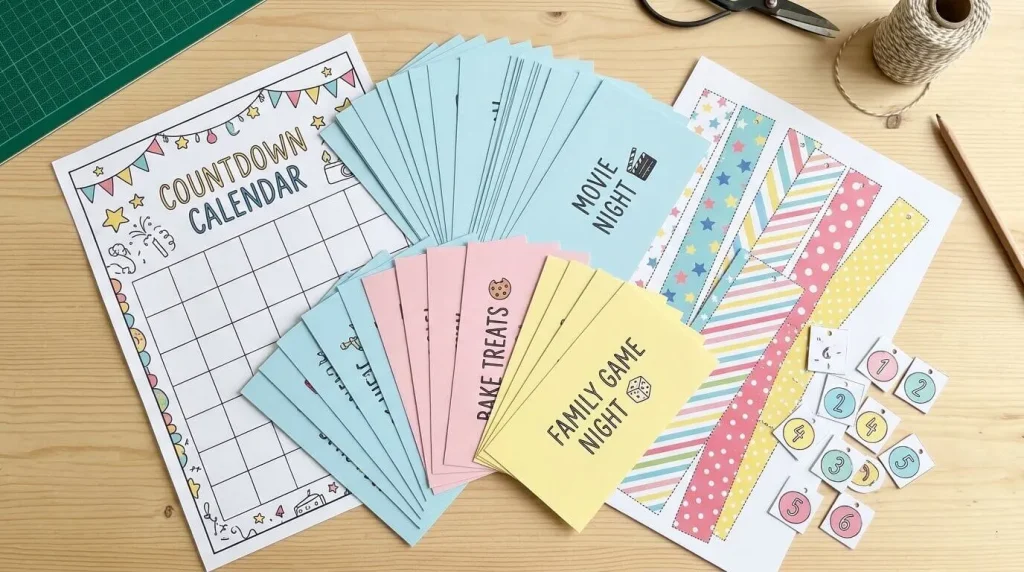 Pages from the free printable advent calendar pack, with cards, chain strips and number tags