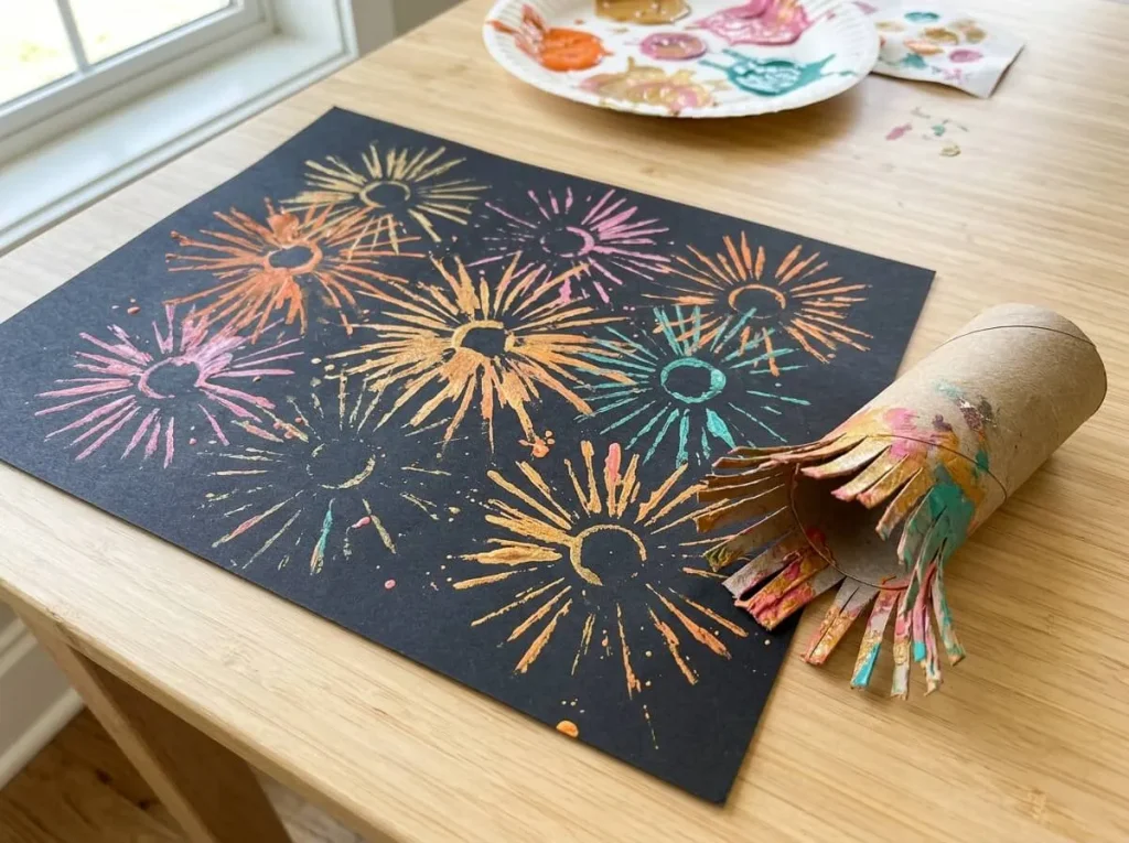 Paper fireworks picture made with a toilet roll tube