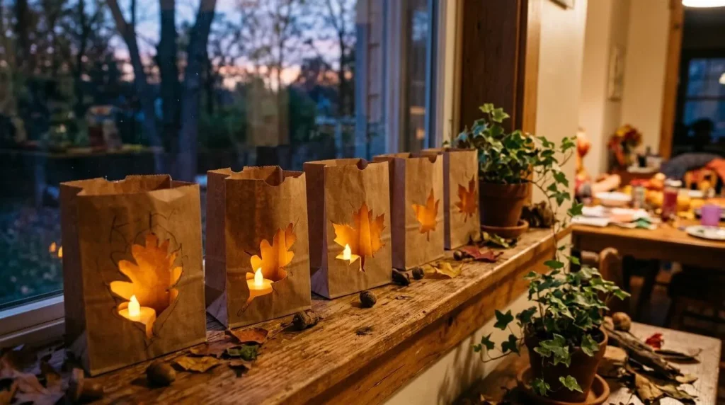 Paper bag luminaries with leaf cut-outs on a windowsill