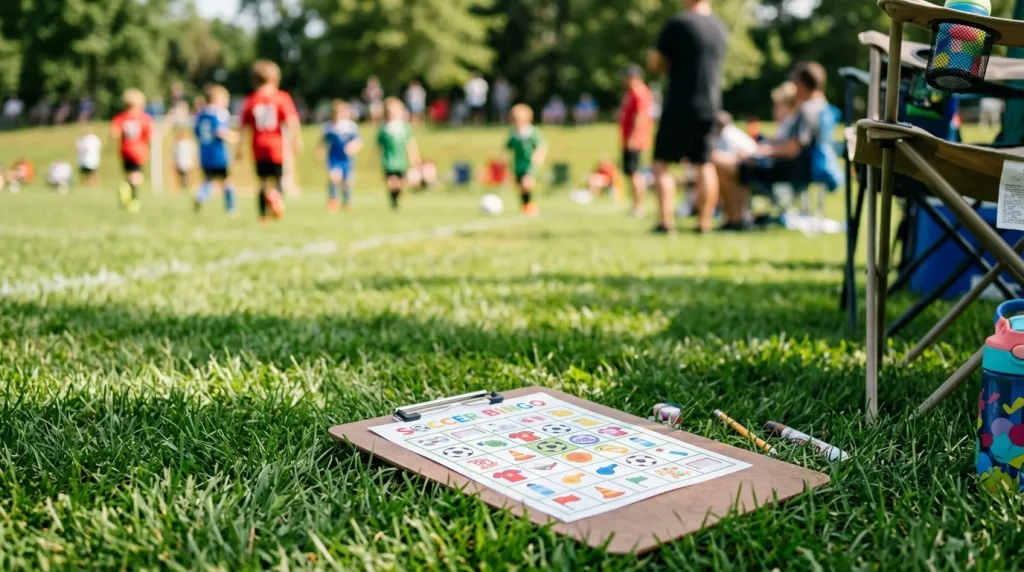 Bingo card on a clipboard at a kids' soccer game