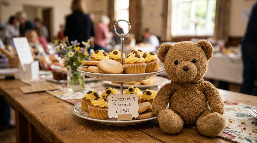 Biscuits and cupcakes with yellow icing and chocolate button spots for a bake sale