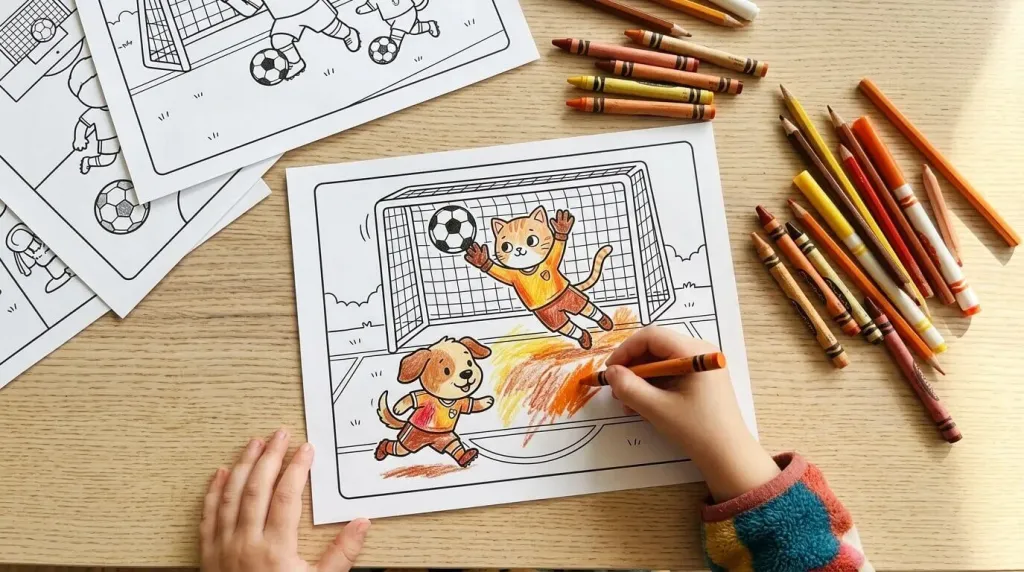 Cat goalkeeper and puppy striker soccer picture to color