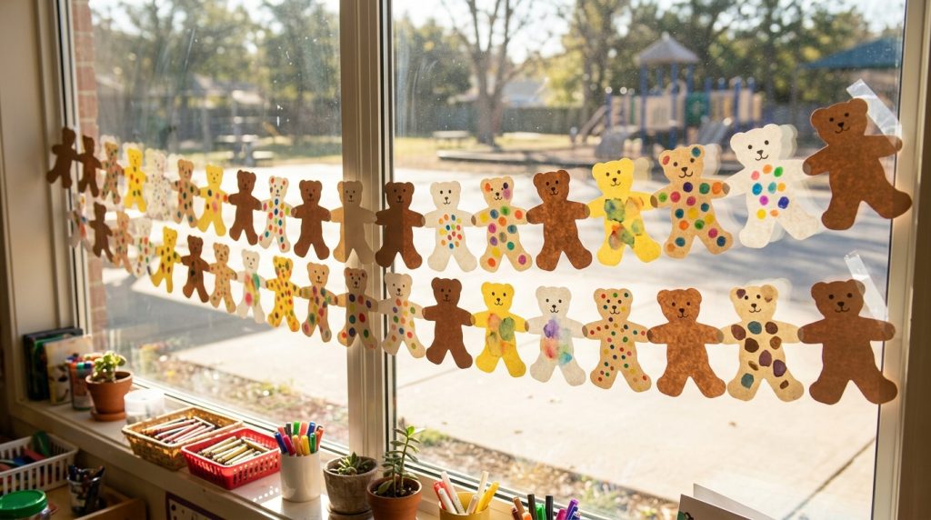 Chain of paper bears with colourful spots on a classroom window